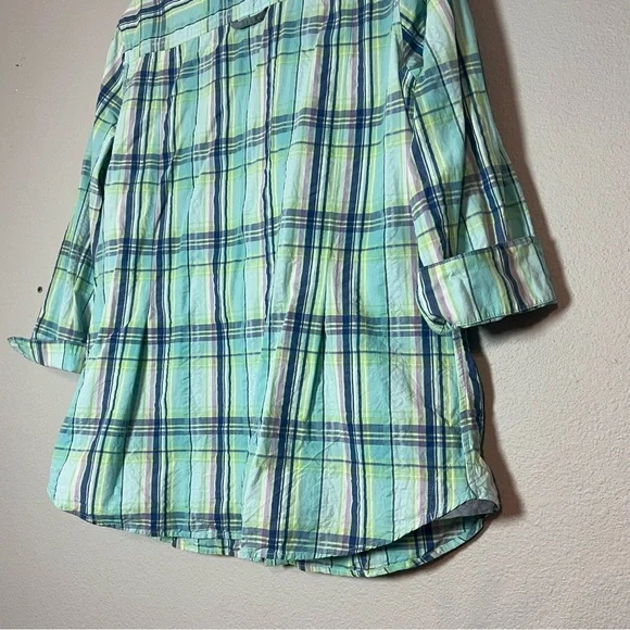 L.L. Bean Button Up Front Shirt Blouse Cotton Blue Green Plaid Size Large - Picture 6 of 9
